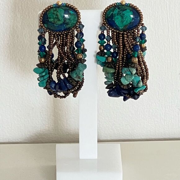 Vintage 80’s Turquoise & Blue Long Drop Clip On Earrings with Gold Tone Beads. - Picture 1 of 10